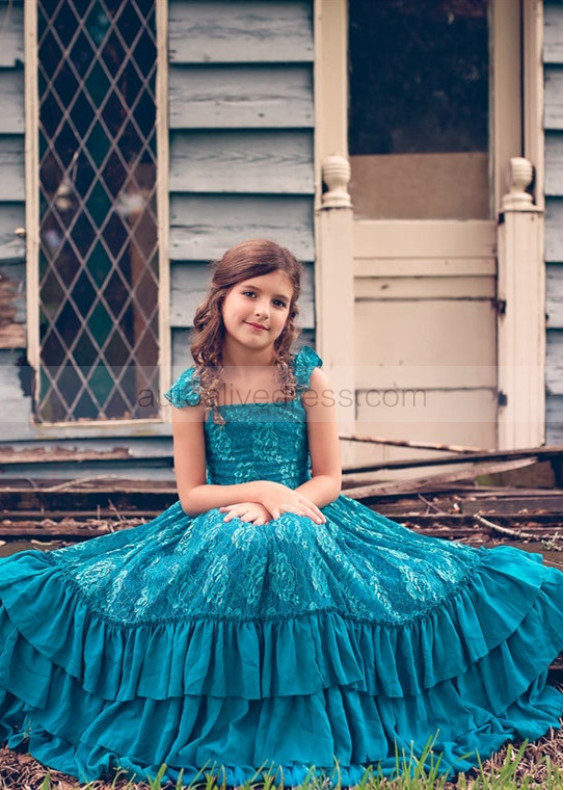 Teal Lace V Back Bohemian Ruffle Flower Girl Dress